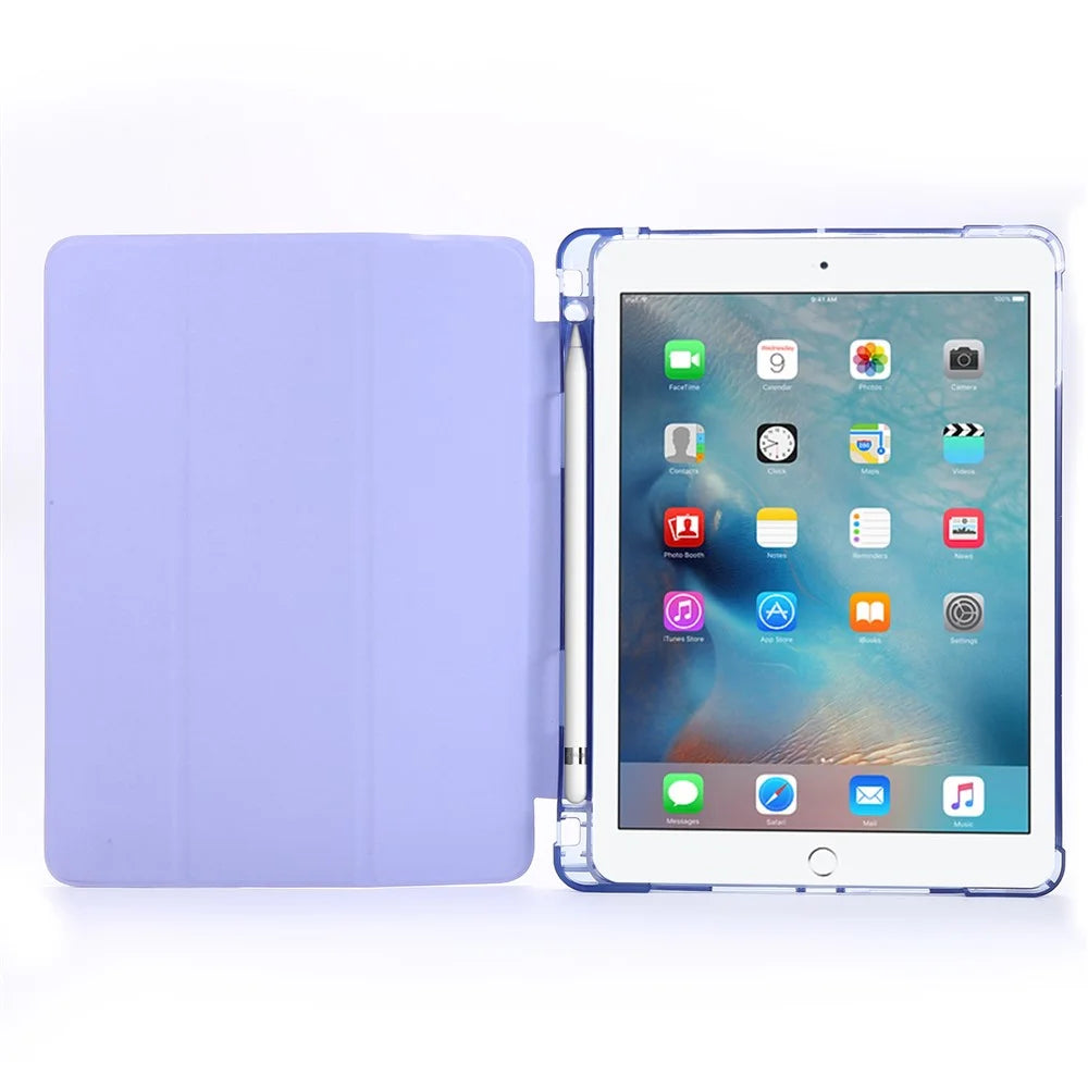 For iPad 9.7-inch (2018) Shockproof Anti-Scratch Cover Tri-Fold Stand Leather Tablet Case with Pen Slot - Purple - 7