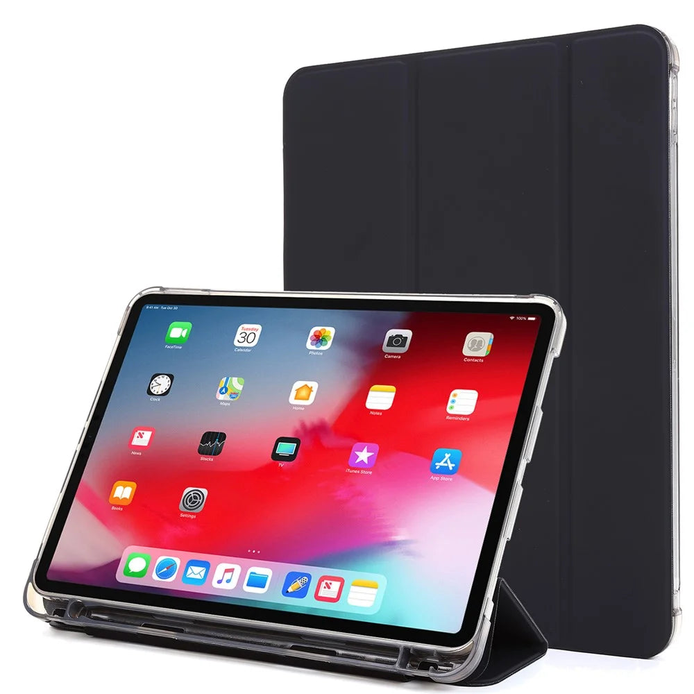 For iPad Pro 11-inch (2022) / (2021) / (2020) / (2018) Tri-fold Stand Leather Tablet Cover Case with Pen Slot - Black - 1