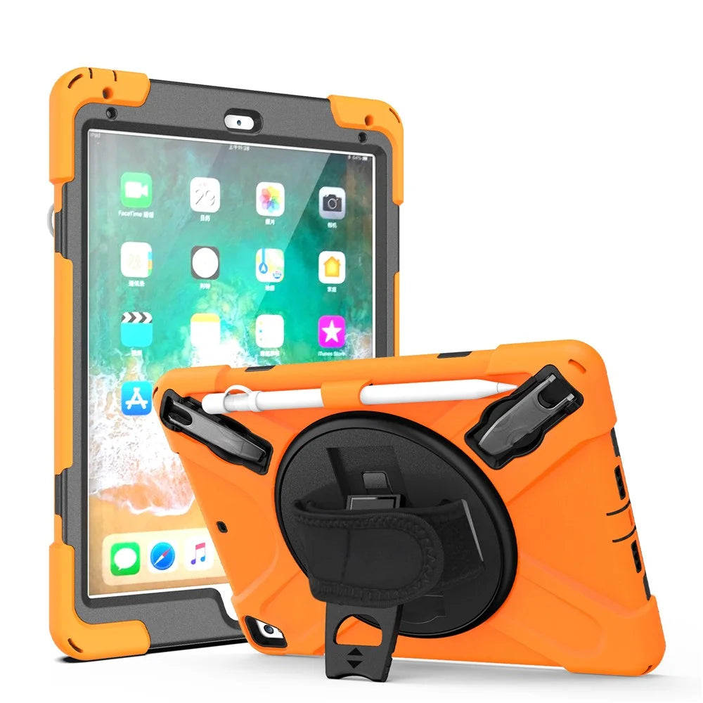 360° Swivel Kickstand PC + Silicone Combo Tablet Case with Handy Strap for iPad 9.7-inch (2018) - Orange - 1