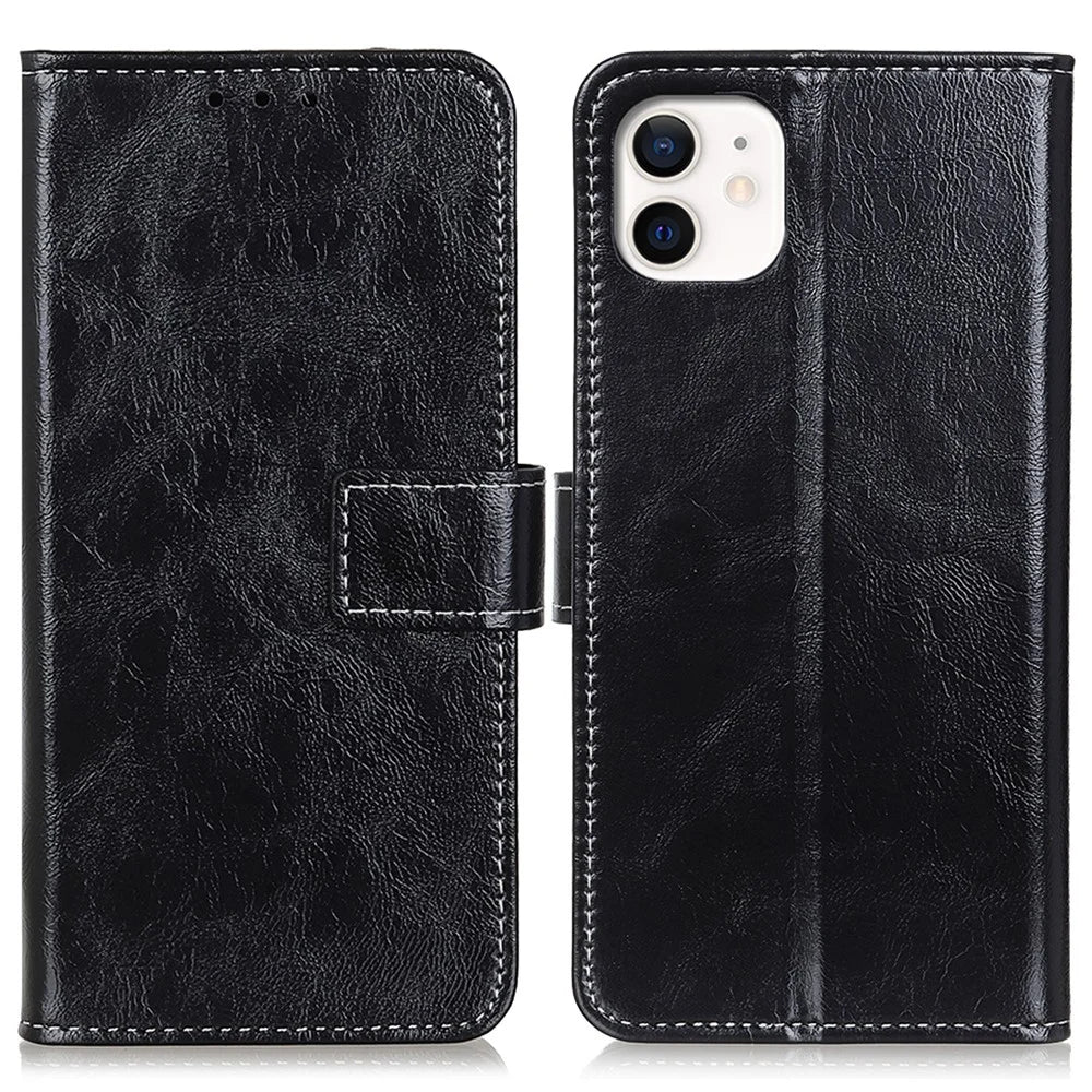 For iPhone 12 / 12 Pro 6.1 inch Crazy Horse Texture Vintage Leather Wallet Case Magnetic Shockproof Protective Cover with Stand Function - Black - 1
