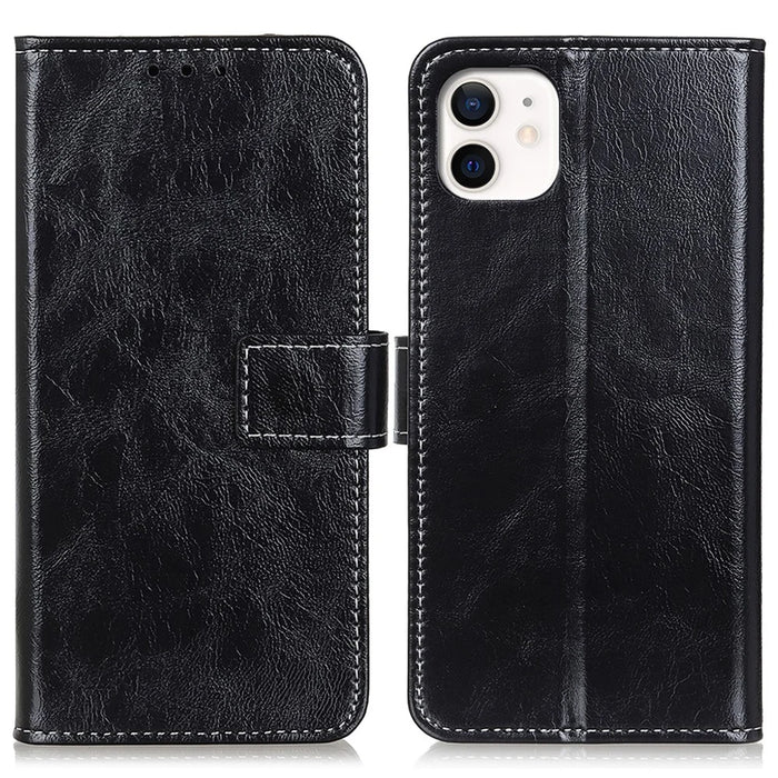 For iPhone 12 / 12 Pro 6.1 inch Crazy Horse Texture Vintage Leather Wallet Case Magnetic Shockproof Protective Cover with Stand Function - Black - 1