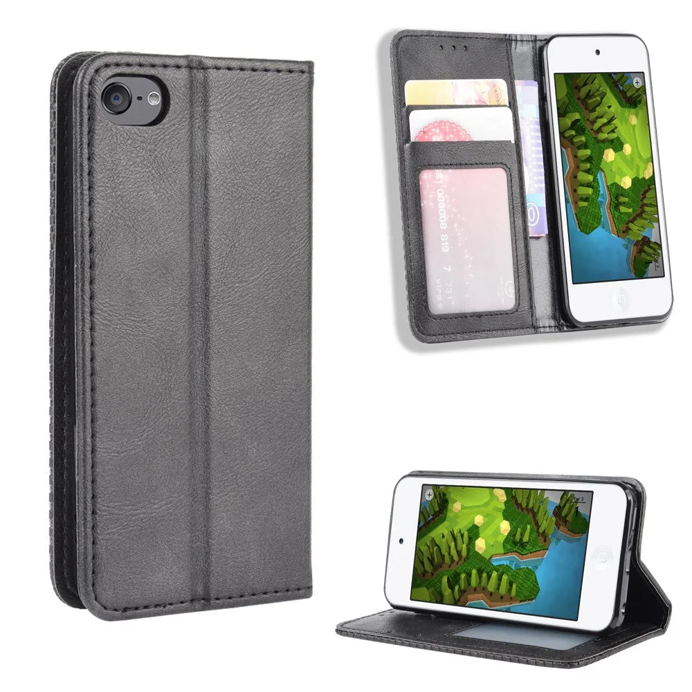Auto-absorbed Retro PU Leather Wallet Phone Cover for iPod touch 5/touch 6/touch 7 - Black - 1