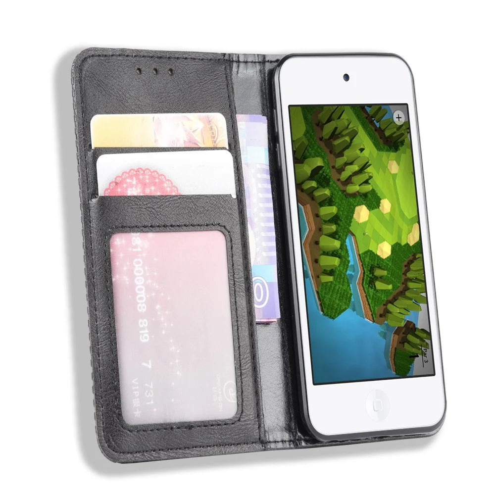Auto-absorbed Retro PU Leather Wallet Phone Cover for iPod touch 5/touch 6/touch 7 - Black - 5