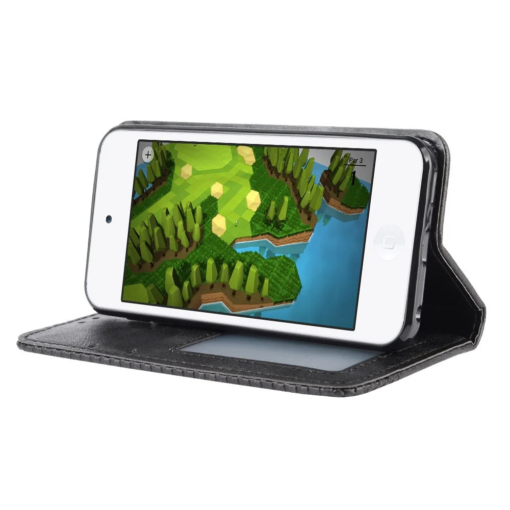 Auto-absorbed Retro PU Leather Wallet Phone Cover for iPod touch 5/touch 6/touch 7 - Black - 6