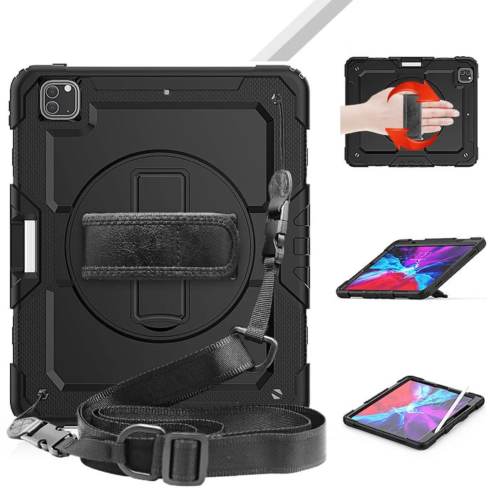 Tablet Case for iPad Pro 12.9 (2022) / (2021) / (2020) / (2018) Swivel Kickstand Hand Strap PC + Silicone Cover with Shoulder Strap - Black - 3