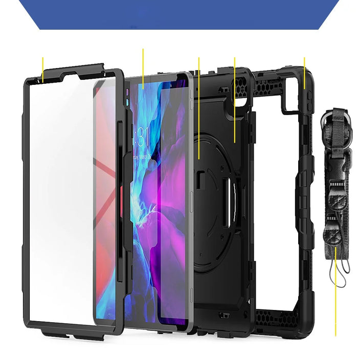 Tablet Case for iPad Pro 12.9 (2022) / (2021) / (2020) / (2018) Swivel Kickstand Hand Strap PC + Silicone Cover with Shoulder Strap - Black - 4