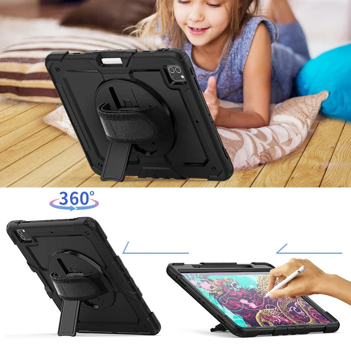 Tablet Case for iPad Pro 12.9 (2022) / (2021) / (2020) / (2018) Swivel Kickstand Hand Strap PC + Silicone Cover with Shoulder Strap - Black - 6