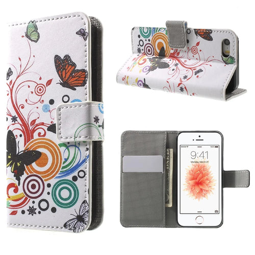 Water Transfer Printing Patterned Leather Wallet Stand Protective Case for iPhone SE/5s/5 - Butterfly and Vine - 1