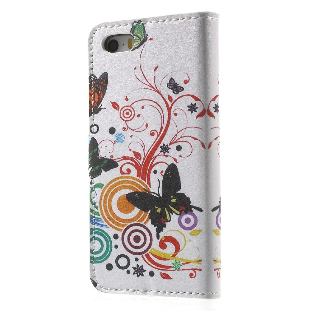 Water Transfer Printing Patterned Leather Wallet Stand Protective Case for iPhone SE/5s/5 - Butterfly and Vine - 2