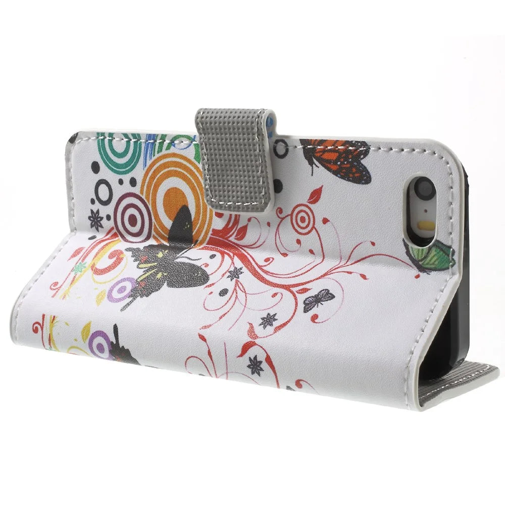 Water Transfer Printing Patterned Leather Wallet Stand Protective Case for iPhone SE/5s/5 - Butterfly and Vine - 4