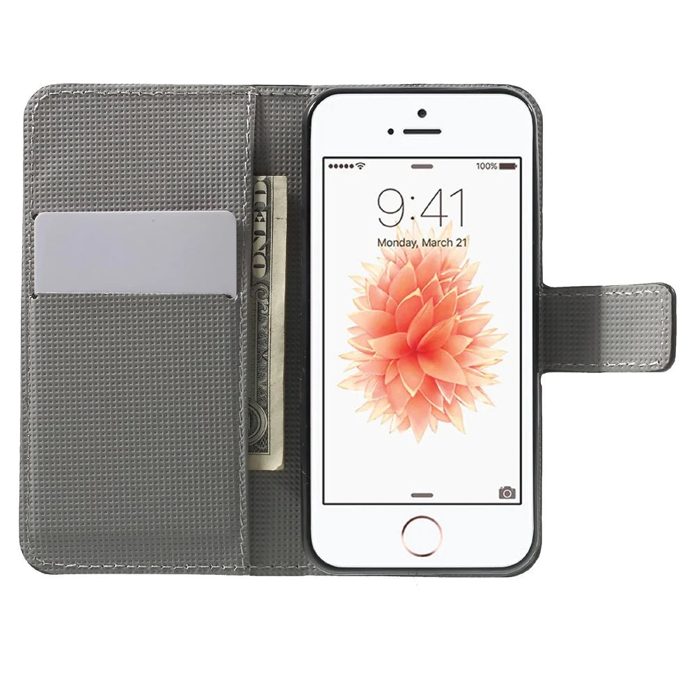 Water Transfer Printing Patterned Leather Wallet Stand Protective Case for iPhone SE/5s/5 - Butterfly and Vine - 5