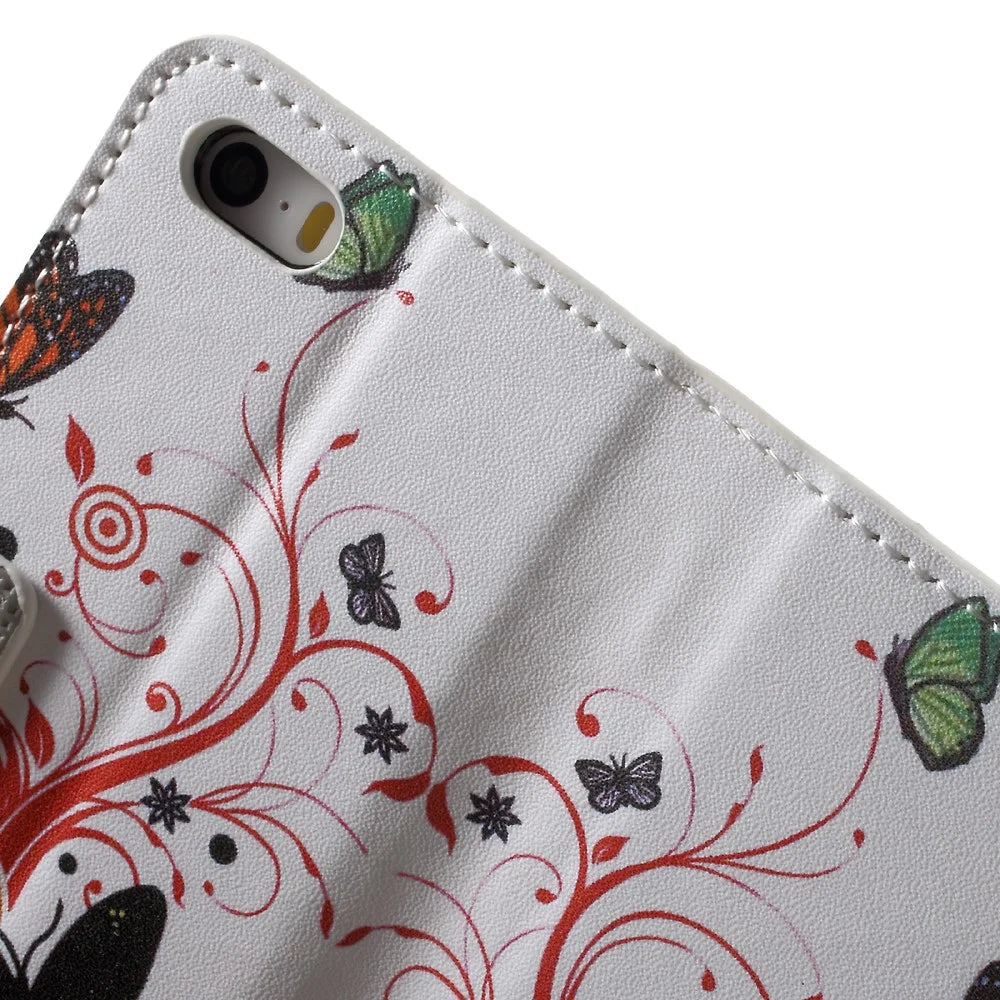 Water Transfer Printing Patterned Leather Wallet Stand Protective Case for iPhone SE/5s/5 - Butterfly and Vine - 6