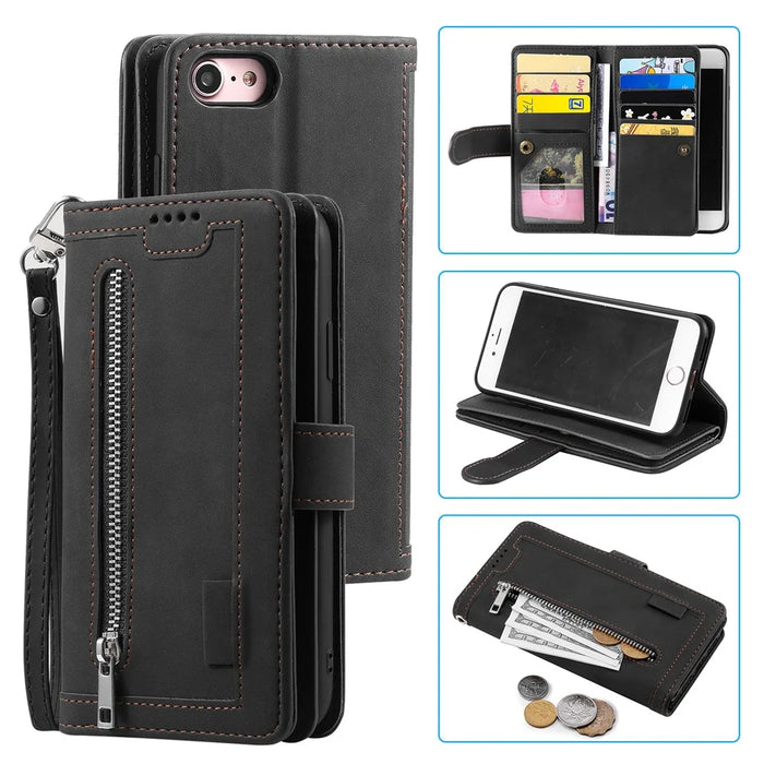 Zipper Pocket 9 Card Slots Leather Wallet Case for iPhone 6s/6 - Black - 1