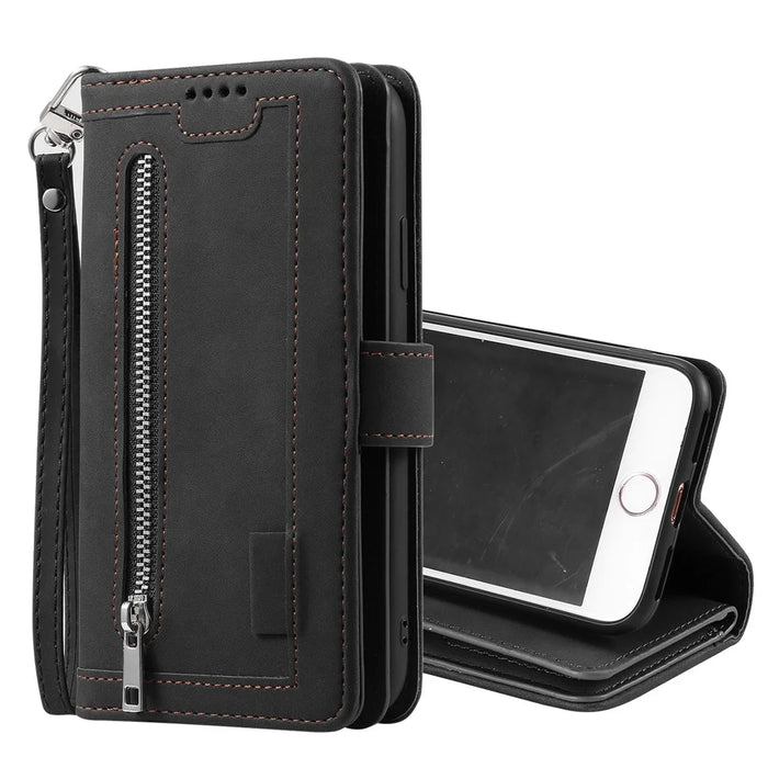 Zipper Pocket 9 Card Slots Leather Wallet Case for iPhone 6s/6 - Black - 2