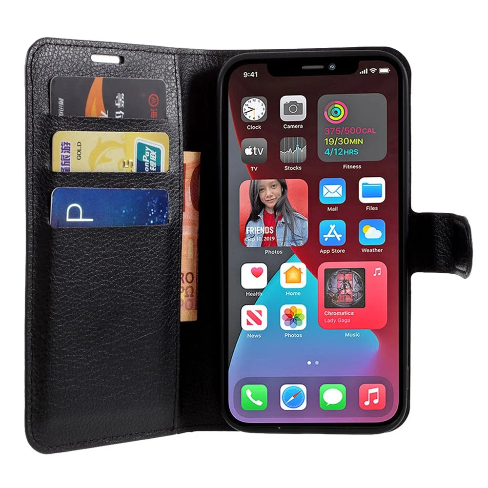 Litchi Surface Shell Leather Case with Stand for iPhone 12 Pro / 12 Mobile Phone Accessories - Black - 7