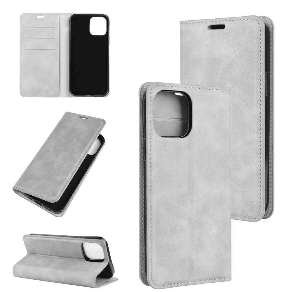 Silky Touch Leather Shell Wallet Stand Case for iPhone 12 - Grey - 1