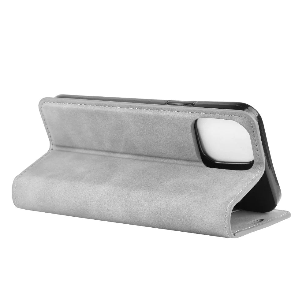 Silky Touch Leather Shell Wallet Stand Case for iPhone 12 - Grey - 3