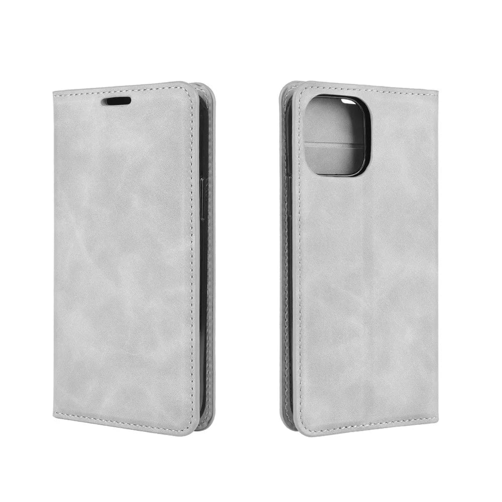 Silky Touch Leather Shell Wallet Stand Case for iPhone 12 - Grey - 4