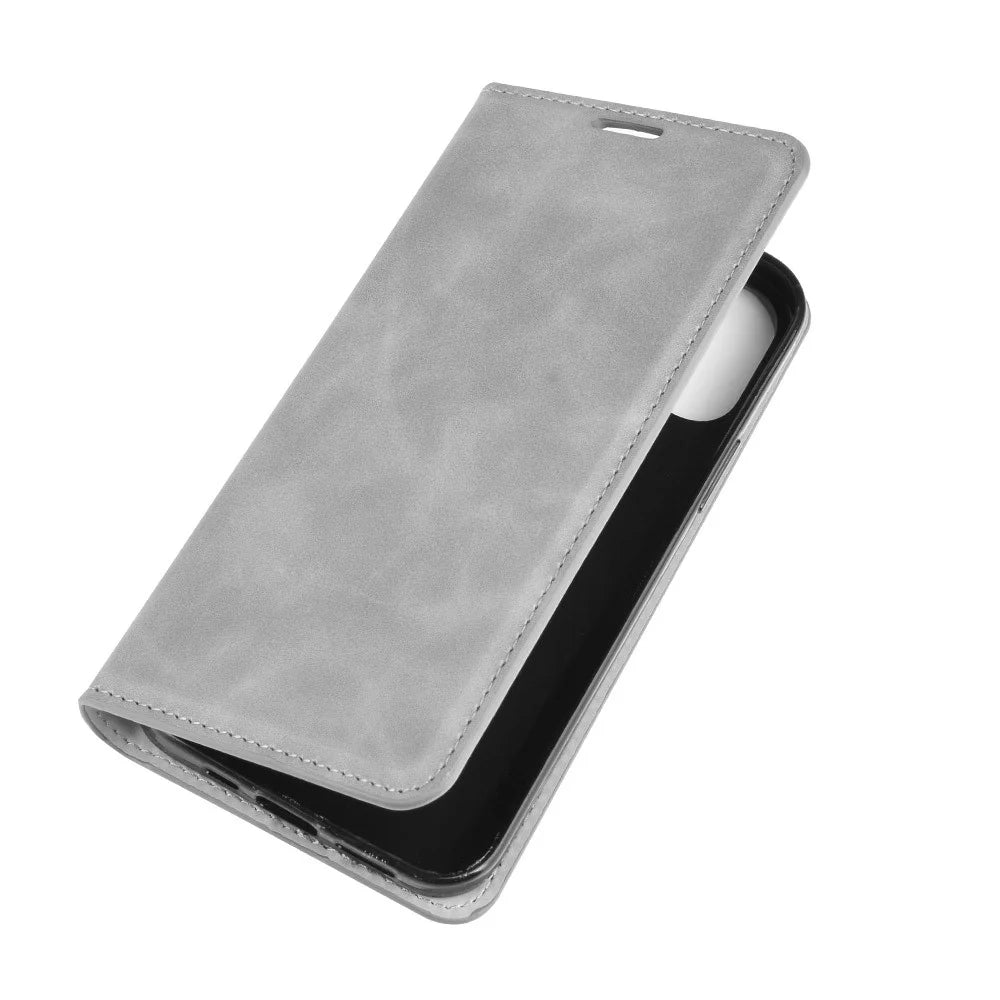 Silky Touch Leather Shell Wallet Stand Case for iPhone 12 - Grey - 6