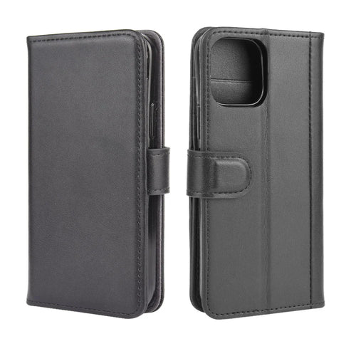 For iPhone 12 Phone Cases Genuine Split Leather Wallet Mobile Cover Stand - Black - 1