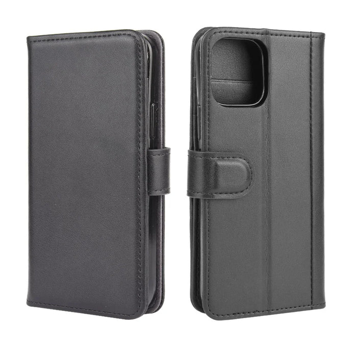 For iPhone 12 Phone Cases Genuine Split Leather Wallet Mobile Cover Stand - Black - 1