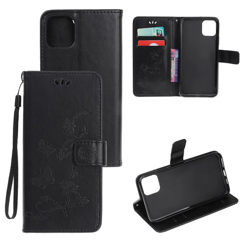 Imprint Butterfly Flower Wallet Leather Protective Case for iPhone 12 mini - Black - 1