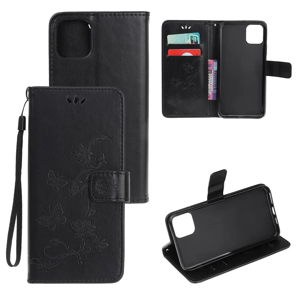 Imprint Butterfly Flower Wallet Leather Protective Case for iPhone 12 mini - Black - 1