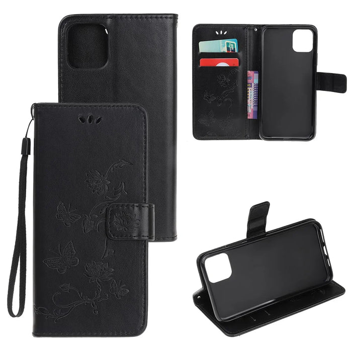 Imprint Butterfly Flower Wallet Leather Protective Case for iPhone 12 mini - Black - 1