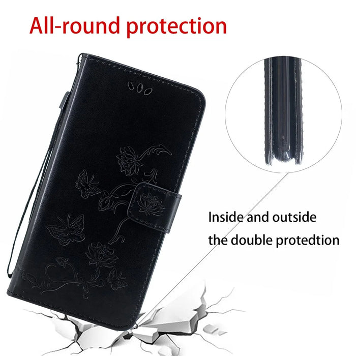 Imprint Butterfly Flower Wallet Leather Protective Case for iPhone 12 mini - Black - 2