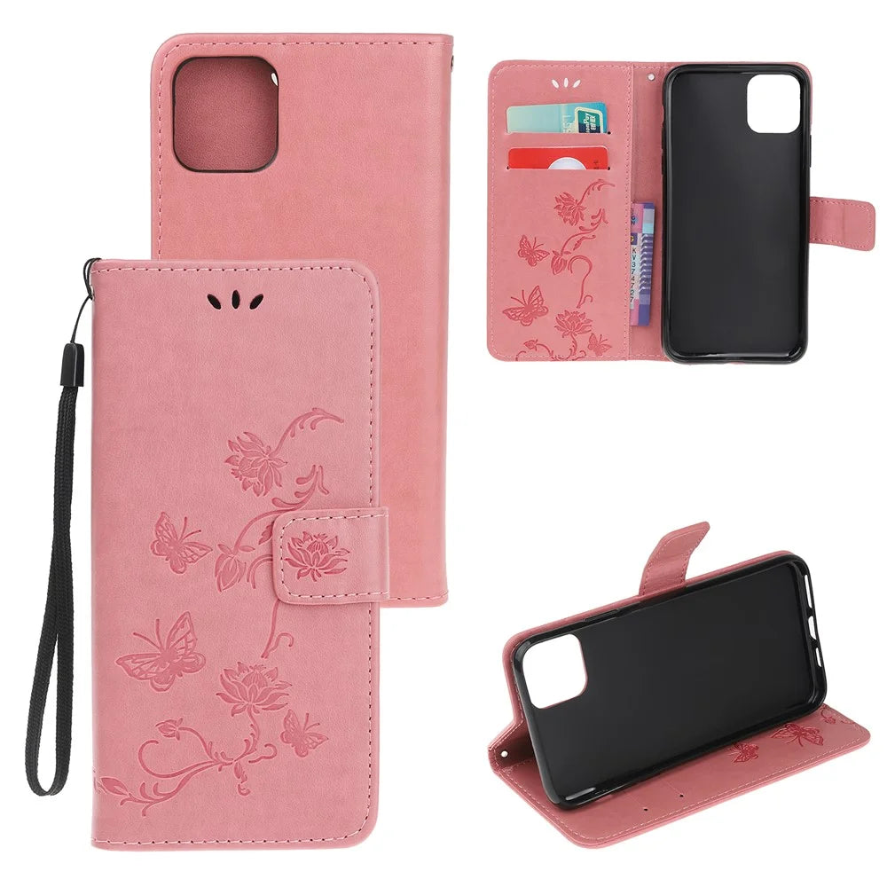 Imprint Butterfly Flowers Leather Wallet Phone Case for iPhone 12 - Pink - 1