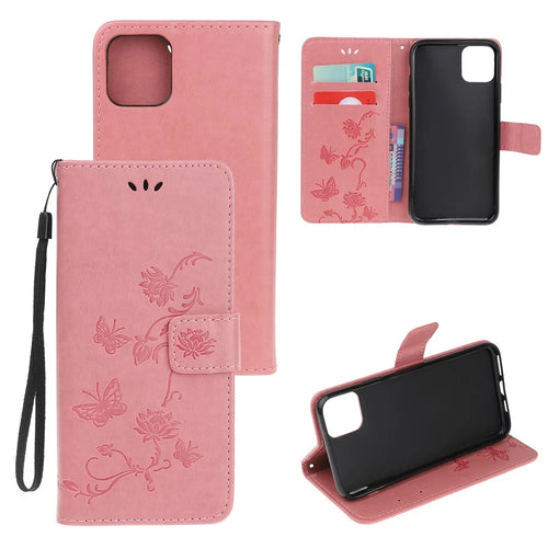 Imprint Butterfly Flowers Leather Wallet Phone Case for iPhone 12 - Pink - 1
