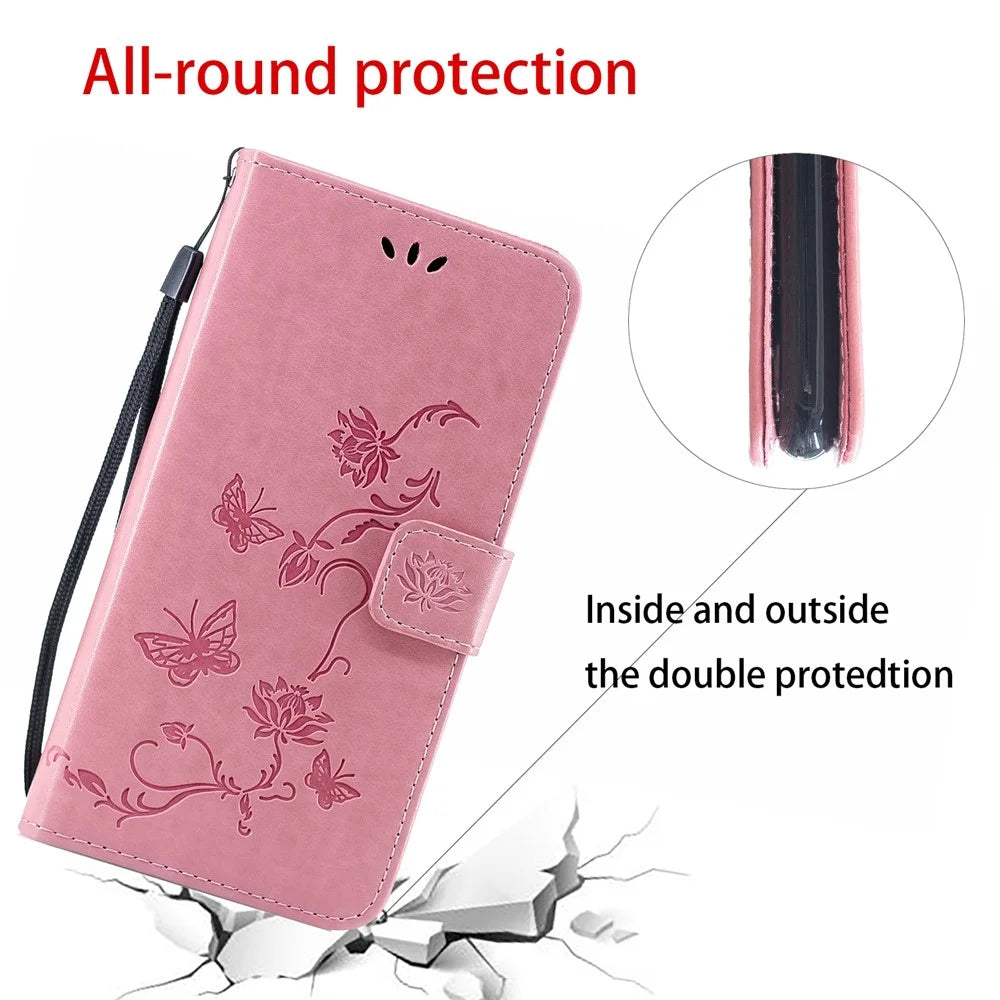 Imprint Butterfly Flowers Leather Wallet Phone Case for iPhone 12 - Pink - 2