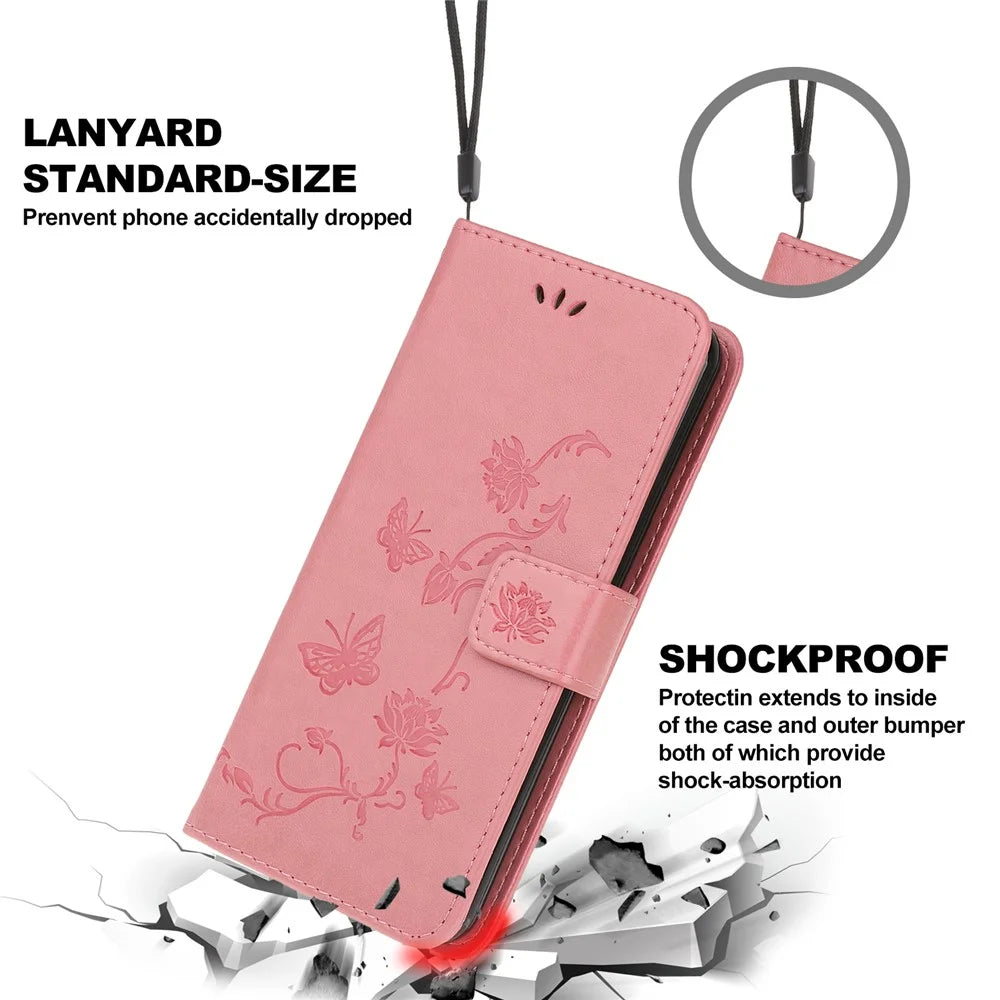 Imprint Butterfly Flowers Leather Wallet Phone Case for iPhone 12 - Pink - 3