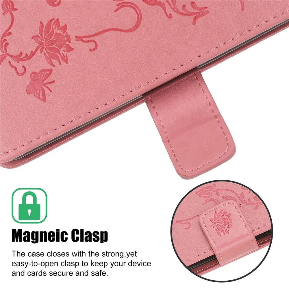 Imprint Butterfly Flowers Leather Wallet Phone Case for iPhone 12 - Pink - 4