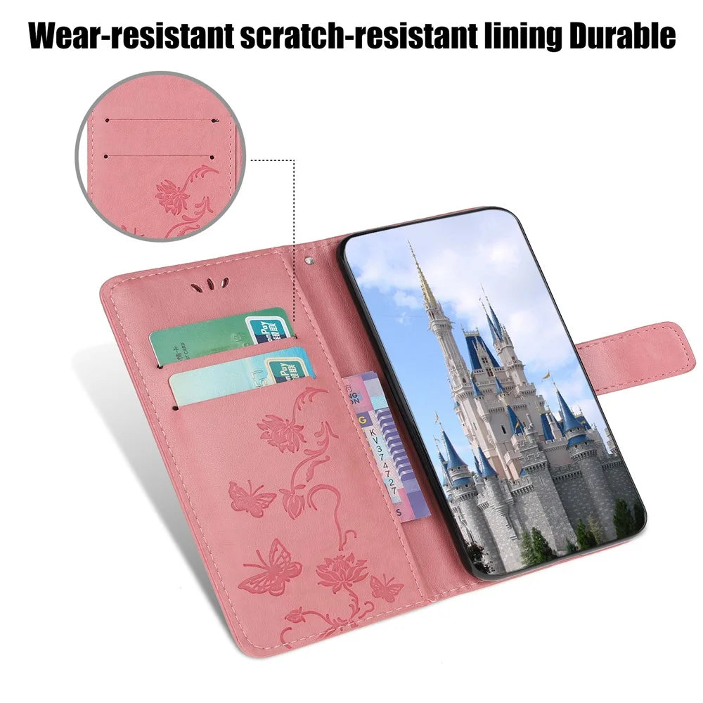 Imprint Butterfly Flowers Leather Wallet Phone Case for iPhone 12 - Pink - 6
