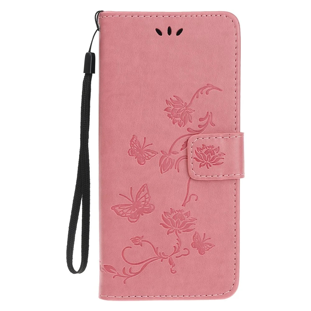 Imprint Butterfly Flowers Leather Wallet Phone Case for iPhone 12 - Pink - 7