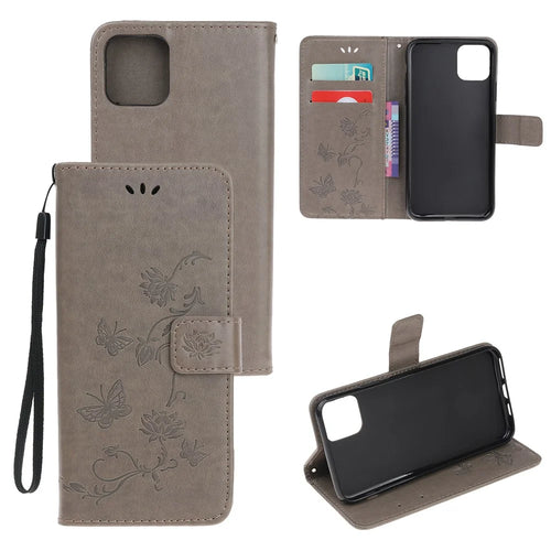 Imprint Butterfly Flowers Leather Wallet Phone Cover for iPhone 12 Pro 6.1 inch - Grey - 1