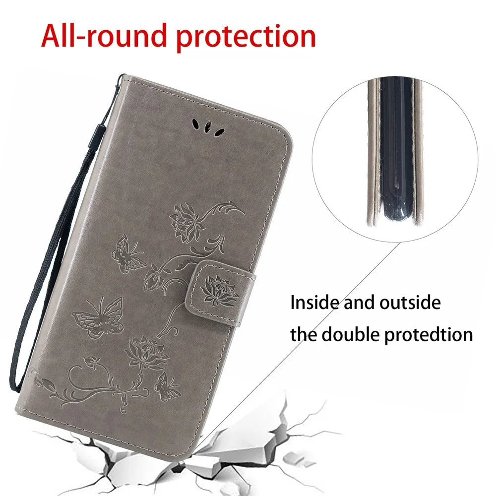 Imprint Butterfly Flowers Leather Wallet Phone Cover for iPhone 12 Pro 6.1 inch - Grey - 2