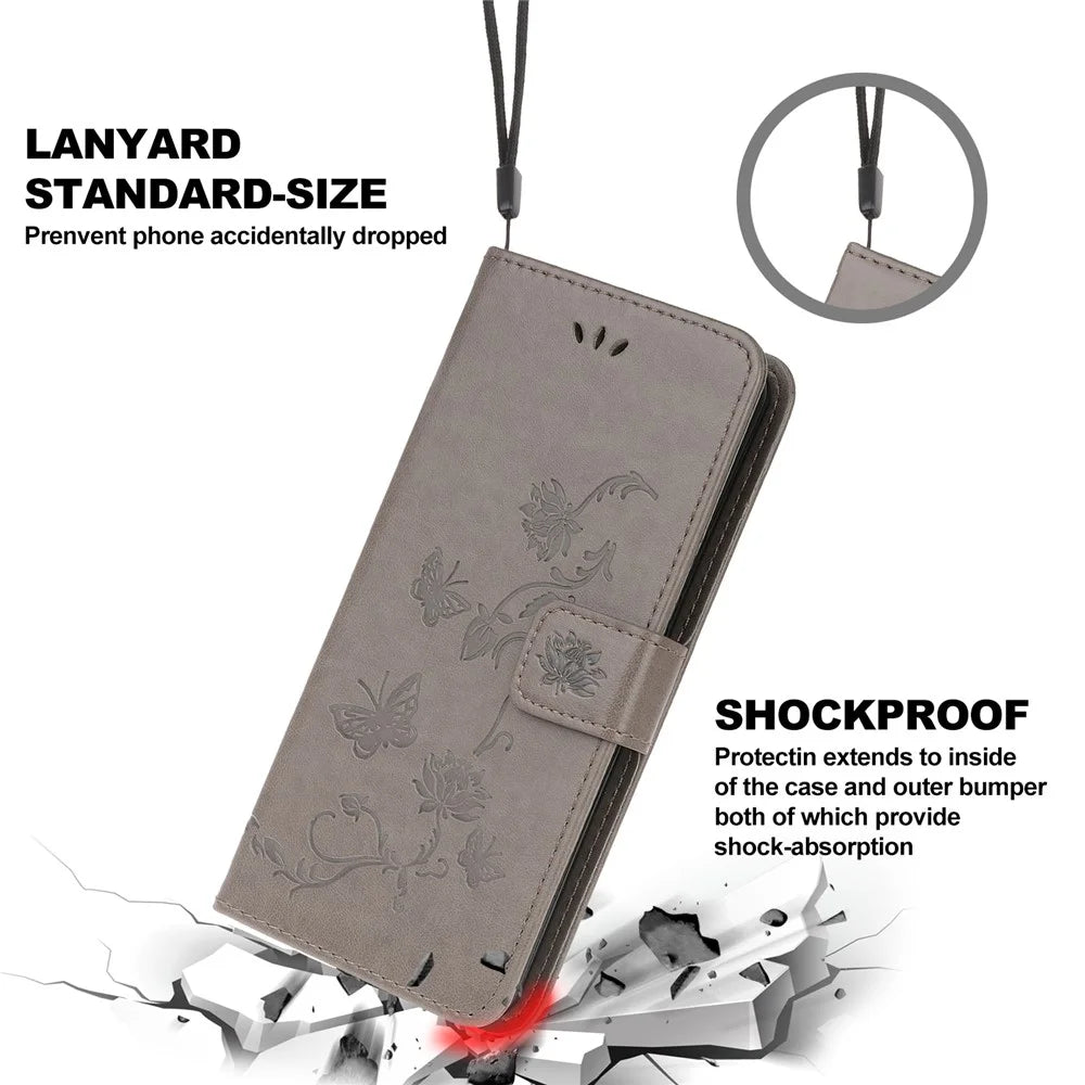 Imprint Butterfly Flowers Leather Wallet Phone Cover for iPhone 12 Pro 6.1 inch - Grey - 3