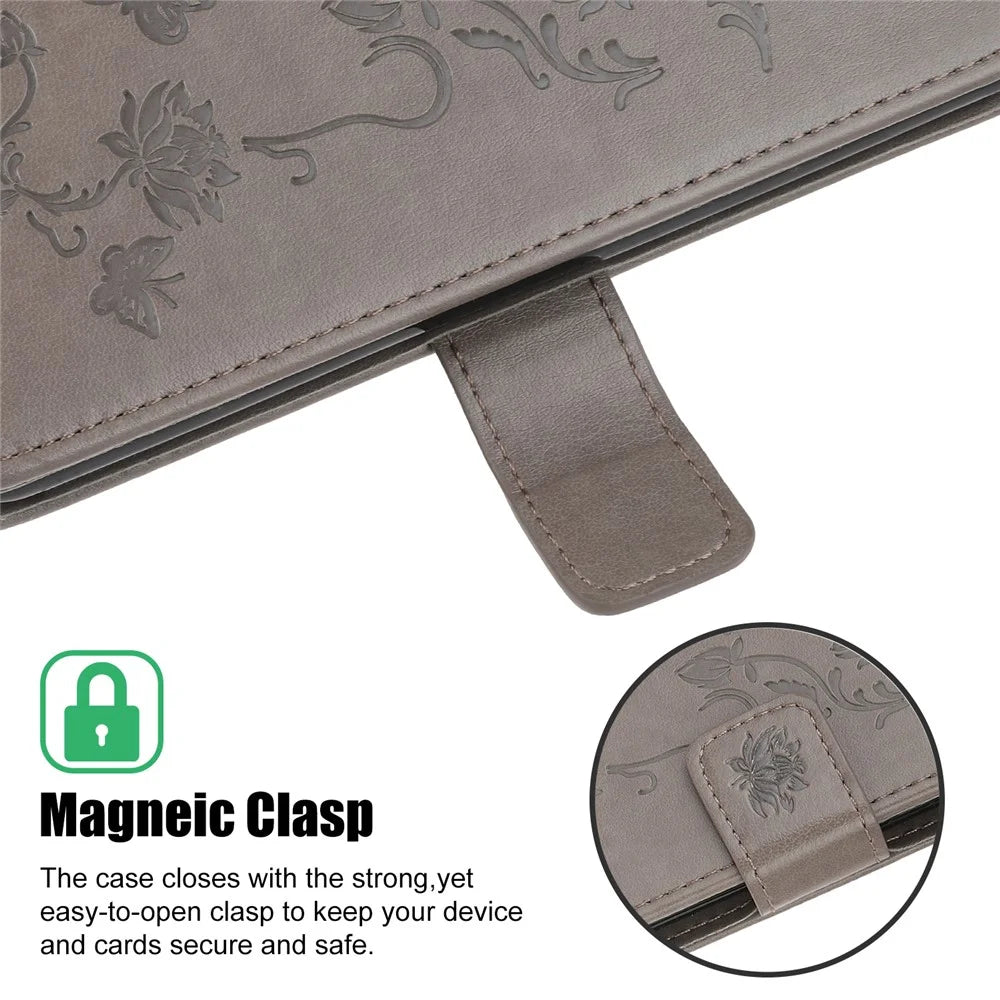 Imprint Butterfly Flowers Leather Wallet Phone Cover for iPhone 12 Pro 6.1 inch - Grey - 4