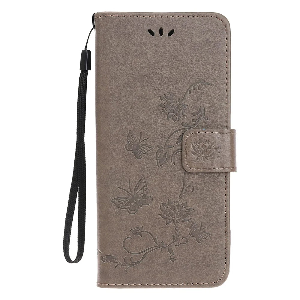 Imprint Butterfly Flowers Leather Wallet Phone Cover for iPhone 12 Pro 6.1 inch - Grey - 7