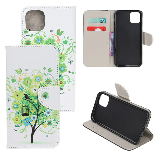 Cross Texture Pattern Printing Wallet Leather Cover Casing for iPhone 12 Pro 6.1-inch - Green Tree - 1