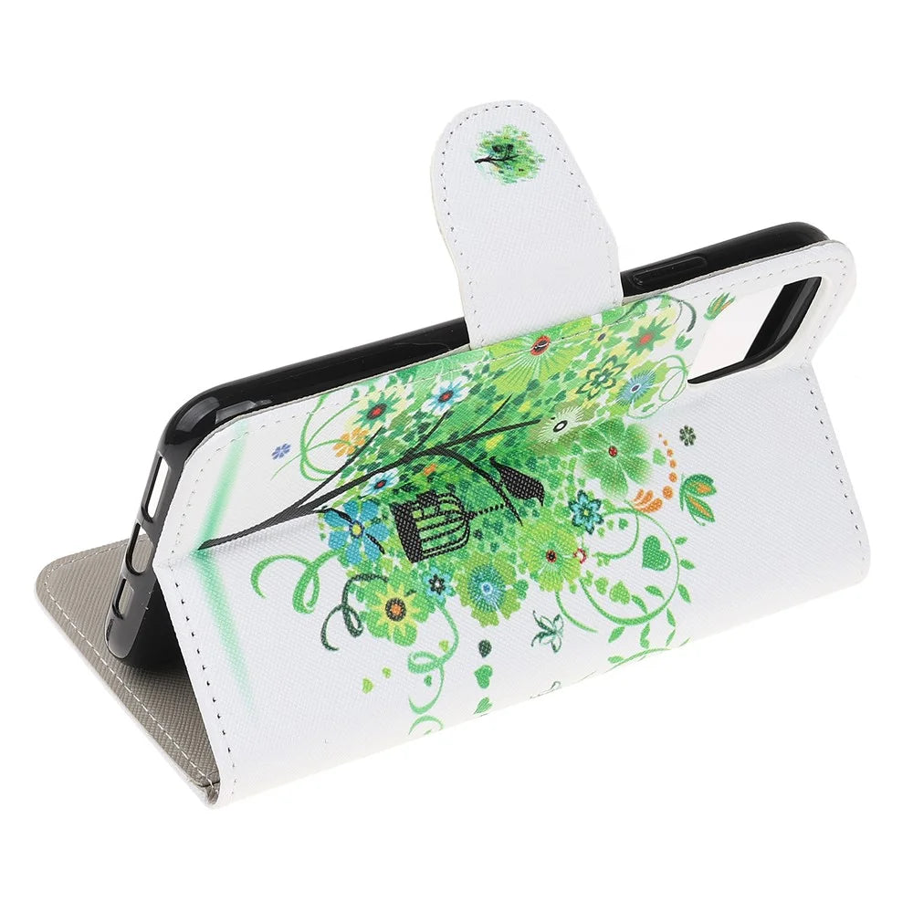 Cross Texture Pattern Printing Wallet Leather Cover Casing for iPhone 12 Pro 6.1-inch - Green Tree - 4