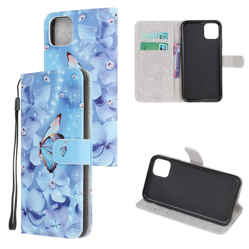 Cross Texture Pattern Printing Wallet Leather Phone Casing for iPhone 12 mini 5.4 inch - Butterfly - 1