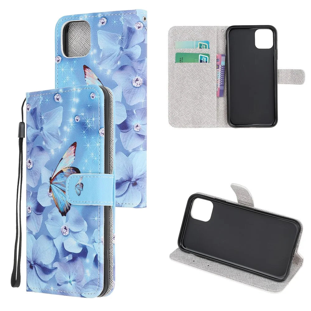 Cross Texture Pattern Printing Wallet Leather Phone Casing for iPhone 12 mini 5.4 inch - Butterfly - 1