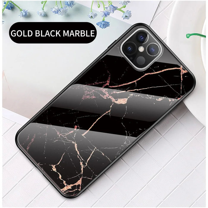 Marble Grain Pattern Tempered Glass PC + TPU Hybrid Case for iPhone 12 Pro Max 6.7 inch - Black/Gold - 2