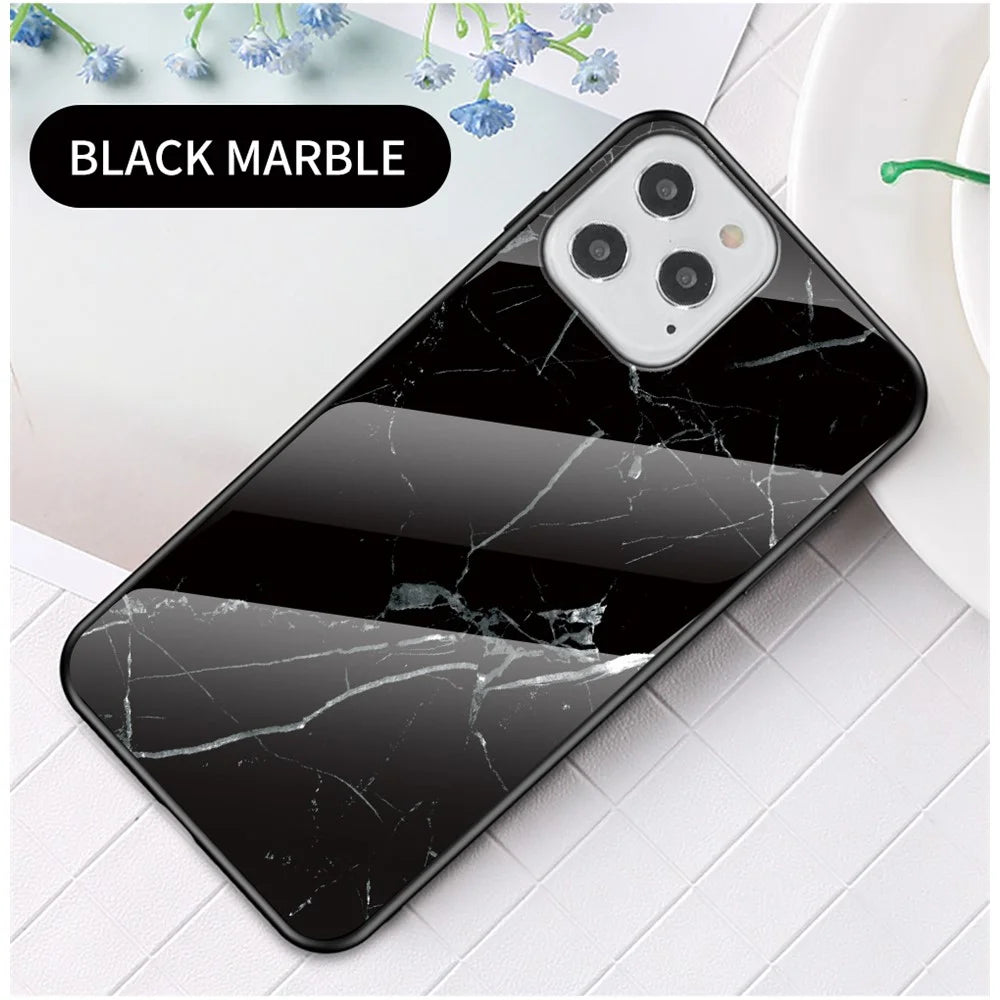 Marble Texture Tempered Glass + PC + TPU Combo Case for iPhone 12 Pro/12 - Black - 2