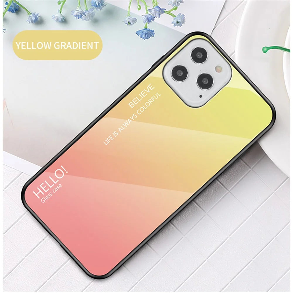 Gradient Color Tempered Glass + PC + TPU Shell for iPhone 12 Pro/12 - Yellow / Pink - 2