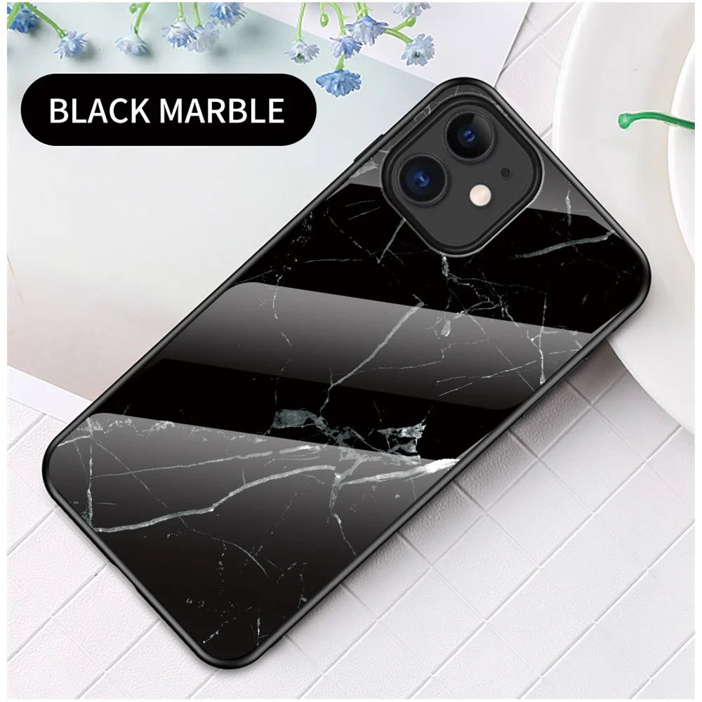 Marble Texture Tempered Glass + PC + TPU Hybrid Case for iPhone 12 mini - Black - 2