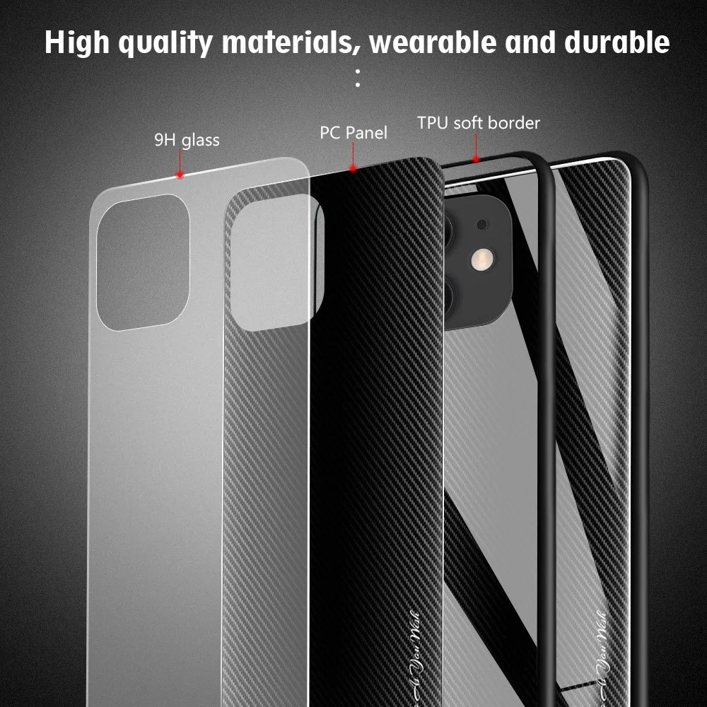 Carbon Fibre Texture Glass Back + TPU Combo Case for iPhone 12 mini - Black - 3